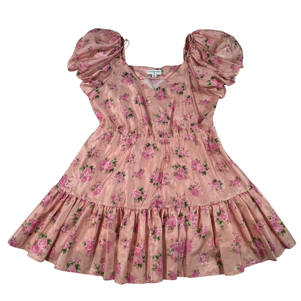 LoveShackFancy x Target Pink Floral Puff Sleeve Mini Dress Size 12 Tiered Ruffle